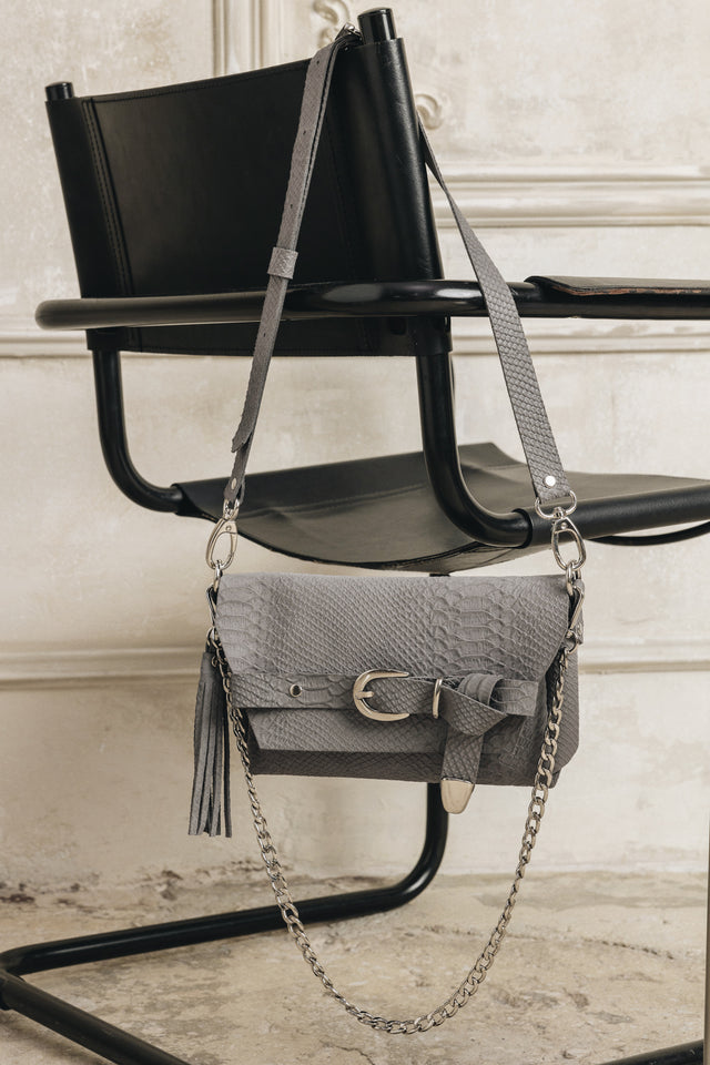 "REGRET ME" GREY SUEDE NICKEL SHOULDER BAG