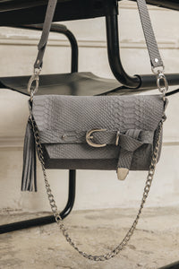 "REGRET ME" GREY SUEDE NICKEL SHOULDER BAG
