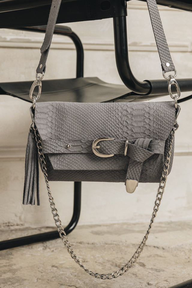 "REGRET ME" GREY SUEDE NICKEL SHOULDER BAG