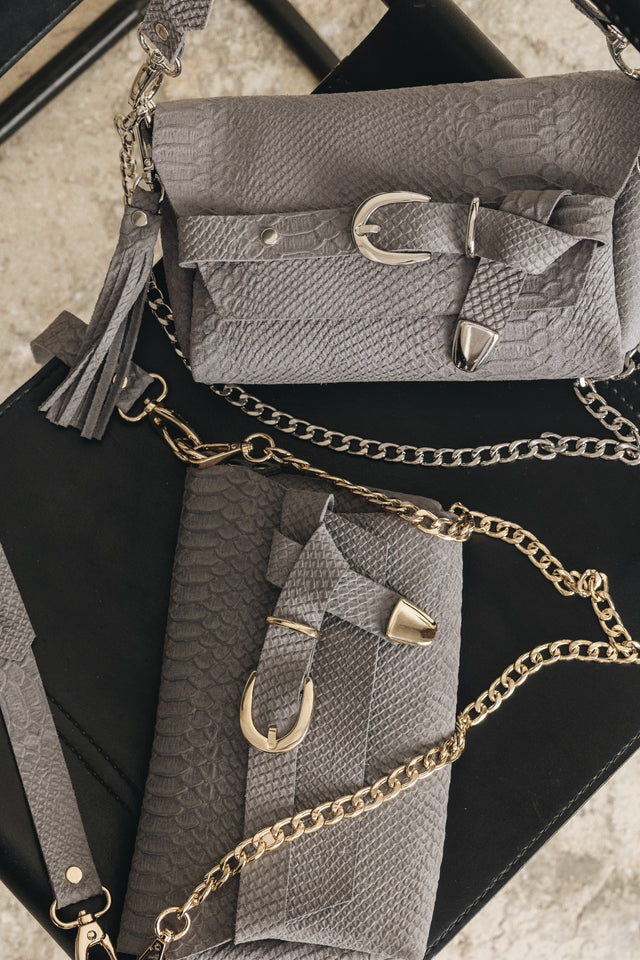 "REGRET ME" GREY SUEDE NICKEL SHOULDER BAG