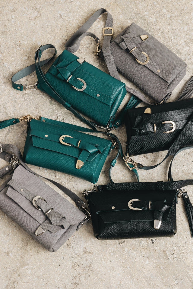 "REGRET ME" GREY SUEDE NICKEL SHOULDER BAG