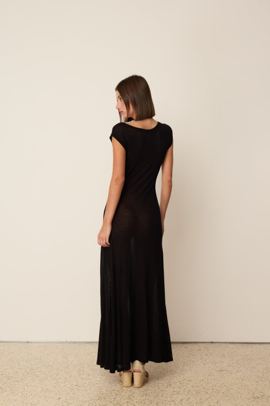 KNIT LINEN FLARED DRESS BLACK