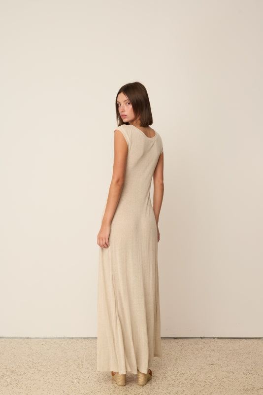 BEIGE KNITTED LINEN FLARED DRESS