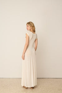 WHITE KNITTED LINEN FLARED DRESS