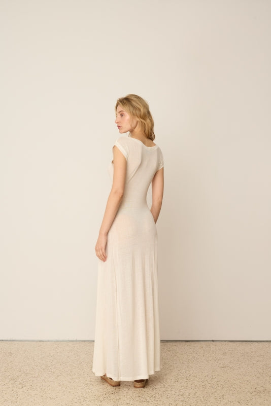 WHITE KNITTED LINEN FLARED DRESS