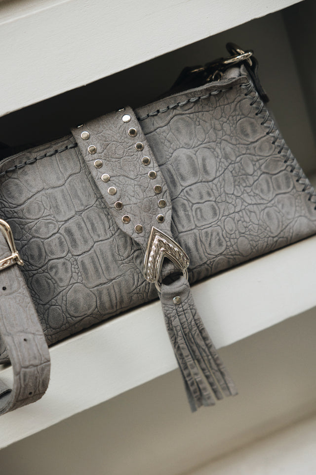 "I AM LOVE" GREY SUEDE NICKEL SHOULDER BAG
