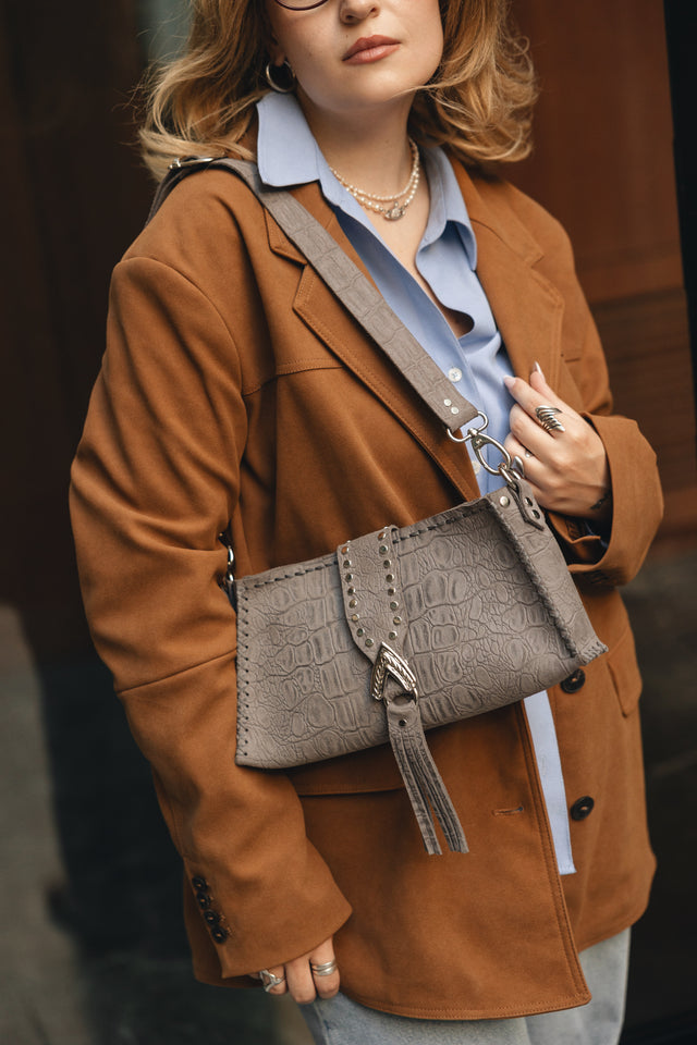 "I AM LOVE" GREY SUEDE NICKEL SHOULDER BAG