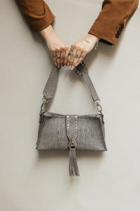"I AM LOVE" GREY SUEDE NICKEL SHOULDER BAG