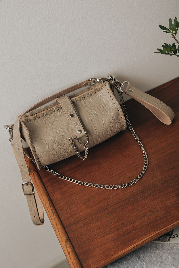 "HIGH ON EMOTION" BEIGE NICKEL BARREL BAG