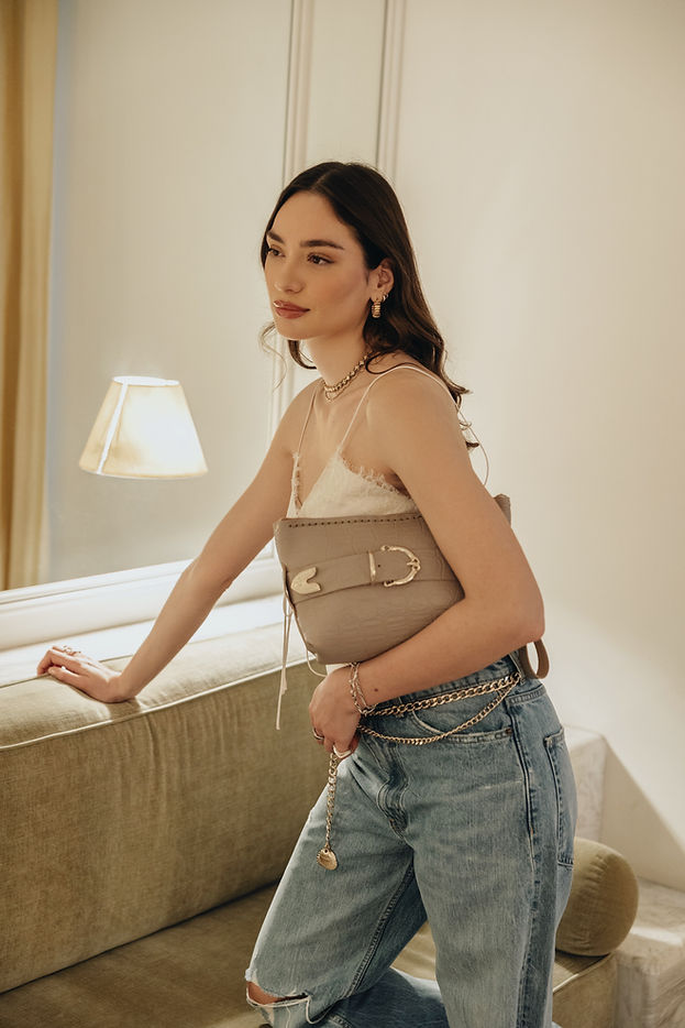 "RHIANNON" BEIGE GOLD CLUTCH BAG