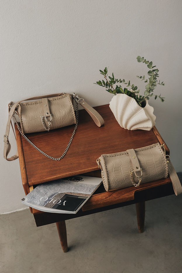 "HIGH ON EMOTION" BEIGE NICKEL BARREL BAG