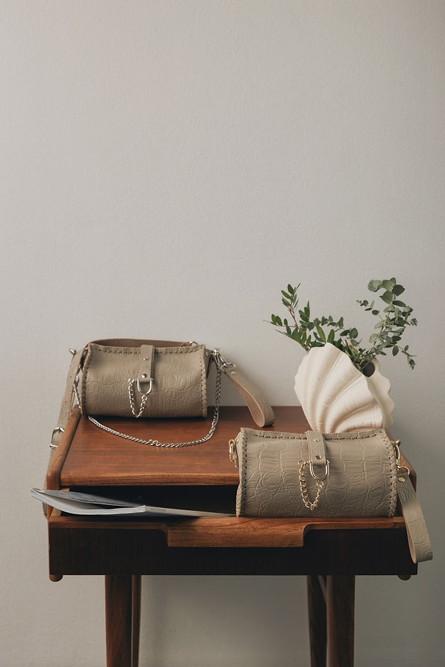 "HIGH ON EMOTION" BEIGE NICKEL BARREL BAG