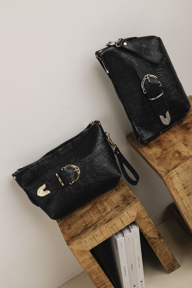"RHIANNON" BLACK GOLD CLUTCH BAG