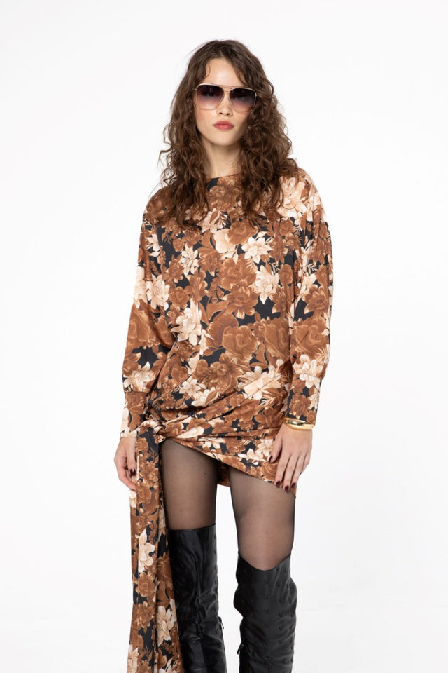 BROWN DAHLIA MINI WRAP TIE DETAIL DRESS