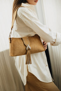 "I AM LOVE" HONEY SUEDE NICKEL SHOULDER BAG