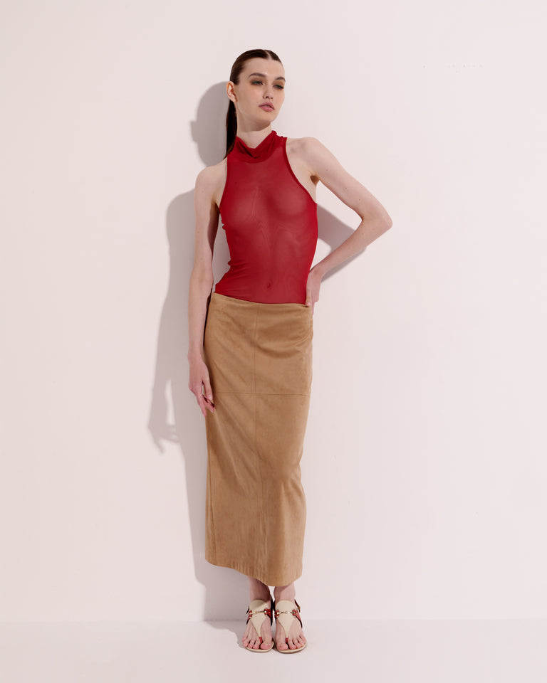 BEIGE MIDI SUEDE SKIRT