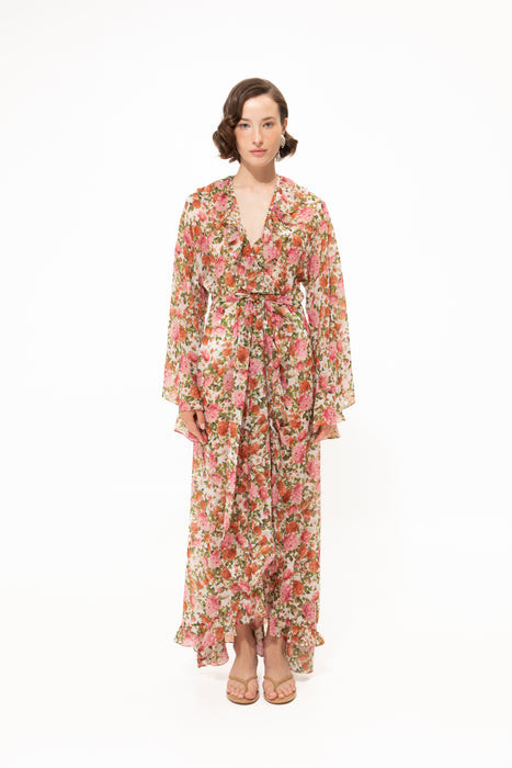 PINK FLORAL RUFFLED KIMONO