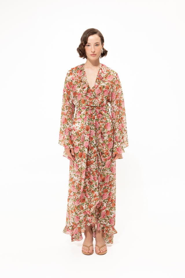 PINK FLORAL RUFFLED KIMONO