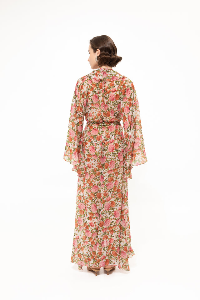 PINK FLORAL RUFFLED KIMONO