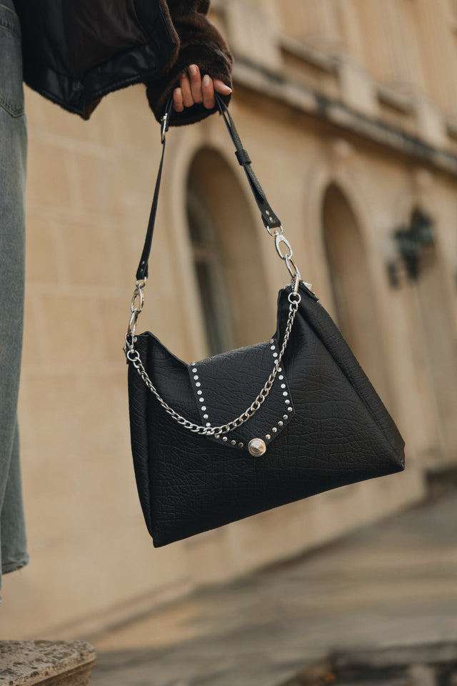 "SOMEWHERE I BELONG" BLACK NICKEL SHOULDER BAG