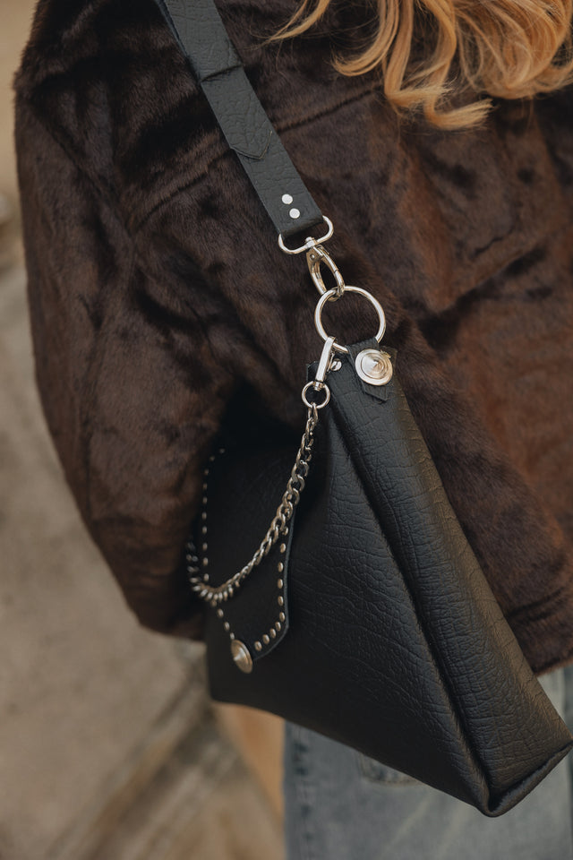 "SOMEWHERE I BELONG" BLACK NICKEL SHOULDER BAG