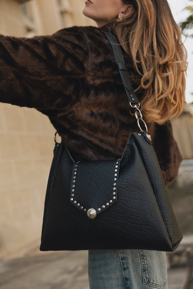 "SOMEWHERE I BELONG" BLACK NICKEL SHOULDER BAG