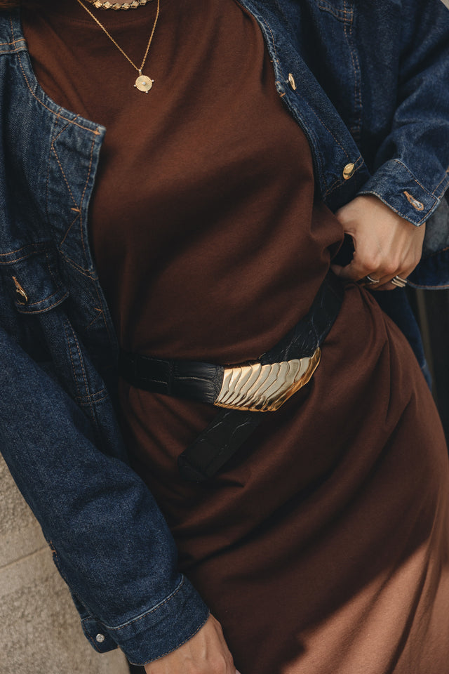 "BEAUTIFUL SCARLET" BLACK GOLD LEATHER BELT