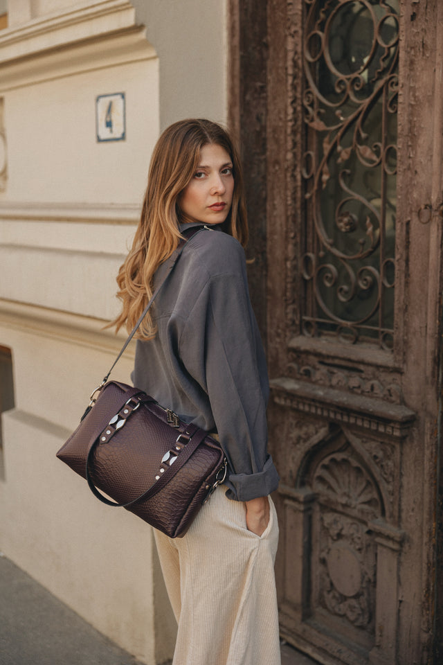 "SENSATION" DARK PLUM NICKEL SHOULDER BAG
