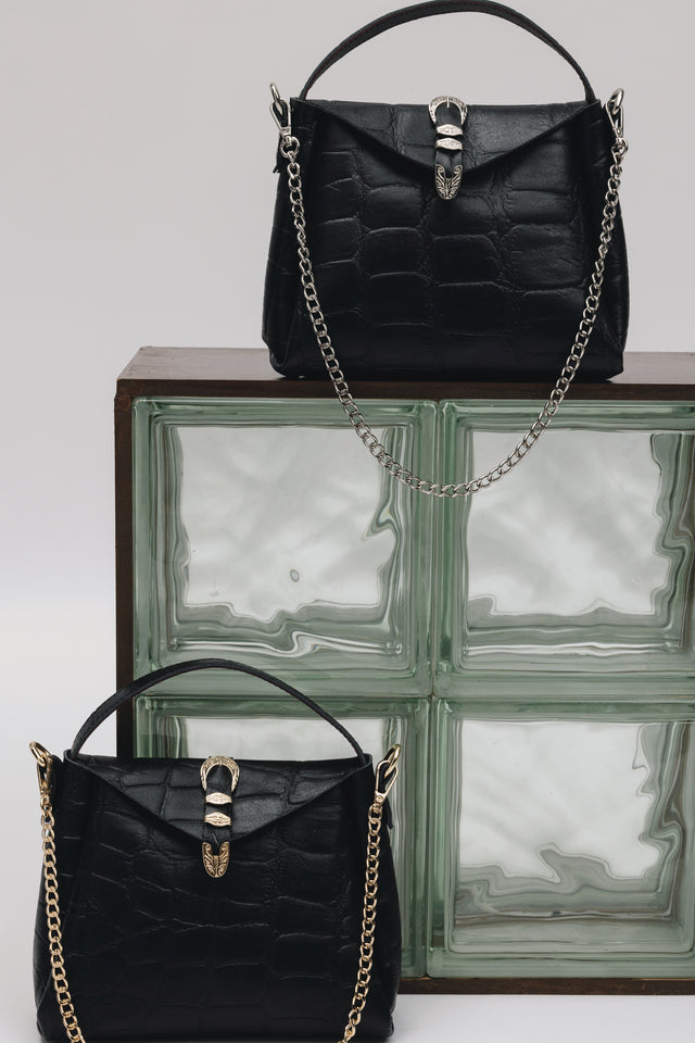 "HERE WITH ME" BLACK NICKEL SHOULDER BAG
