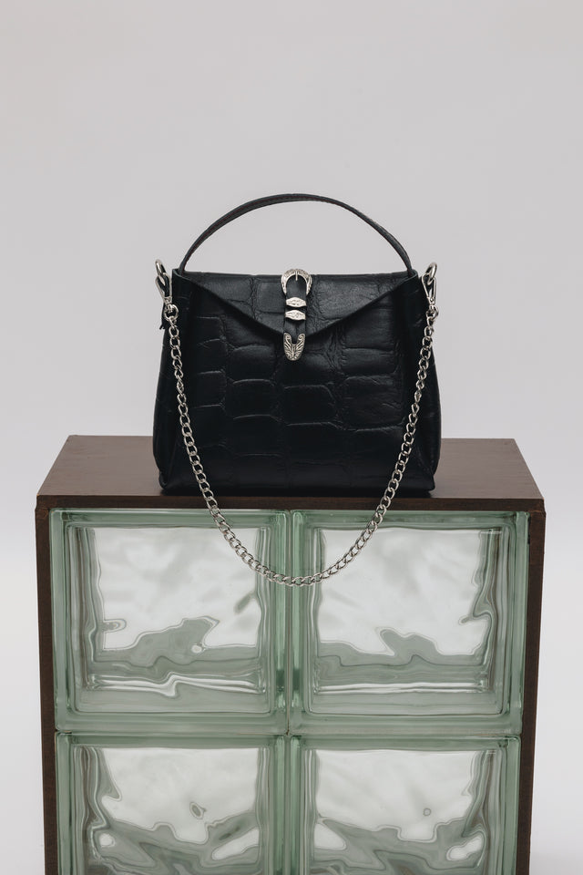 "HERE WITH ME" BLACK NICKEL SHOULDER BAG