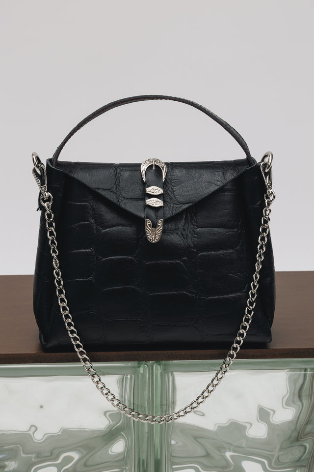 "HERE WITH ME" BLACK NICKEL SHOULDER BAG