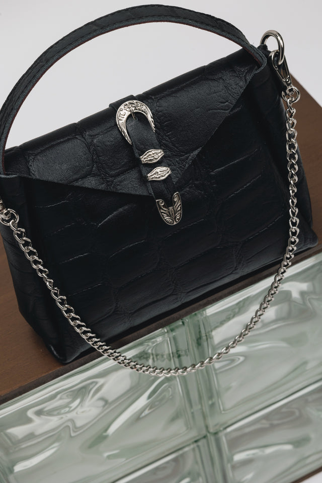 "HERE WITH ME" BLACK NICKEL SHOULDER BAG