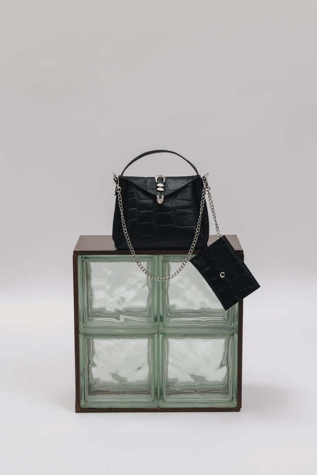 "HERE WITH ME" BLACK NICKEL SHOULDER BAG