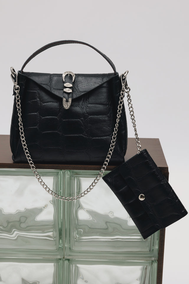 "HERE WITH ME" BLACK NICKEL SHOULDER BAG