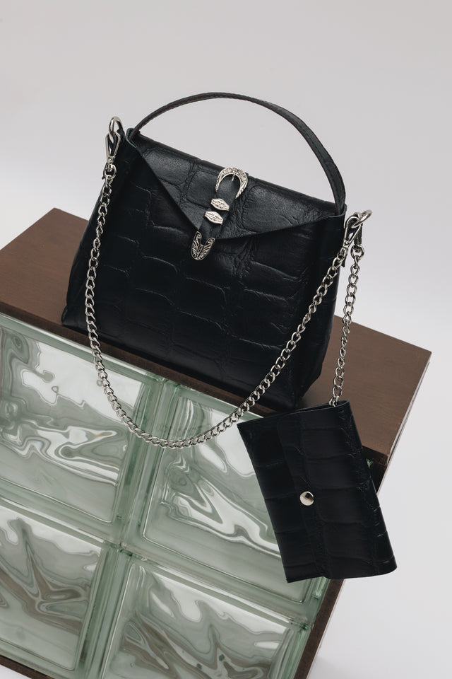"HERE WITH ME" BLACK NICKEL SHOULDER BAG