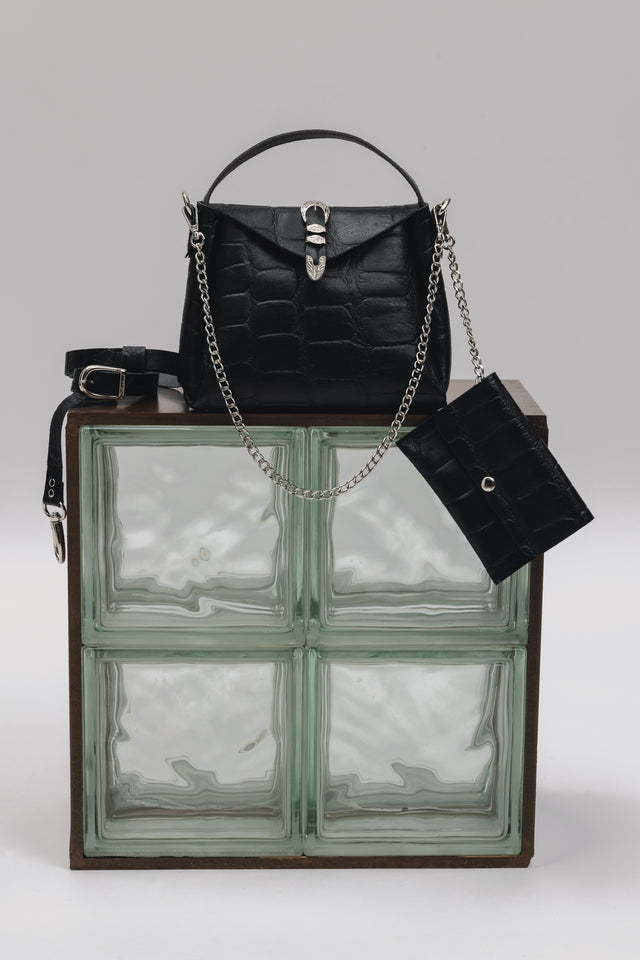 "HERE WITH ME" BLACK NICKEL SHOULDER BAG