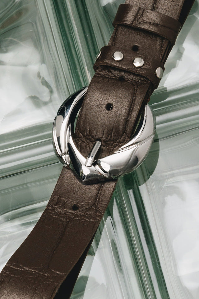 "WANDERING STAR" BROWN NICKEL LEATHER BELT