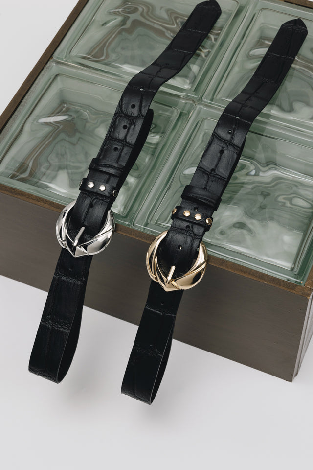 "WANDERING STAR" BLACK NICKEL LEATHER BELT