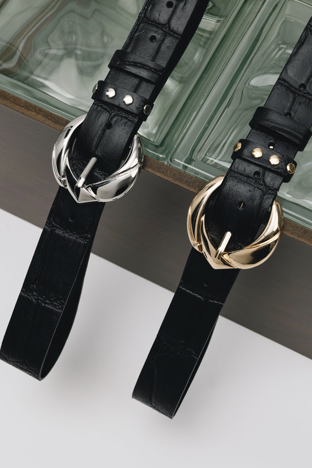 "WANDERING STAR" BLACK NICKEL LEATHER BELT