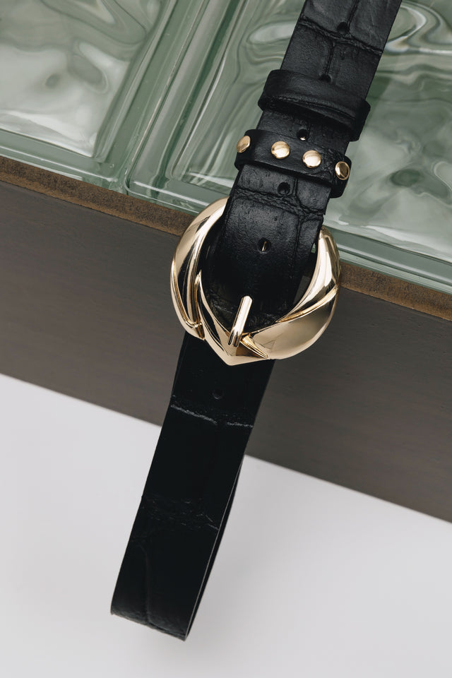 "WANDERING STAR" BLACK GOLD LEATHER BELT