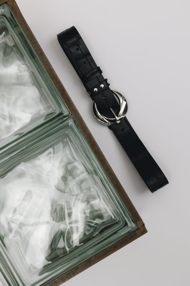 "WANDERING STAR" BLACK NICKEL LEATHER BELT