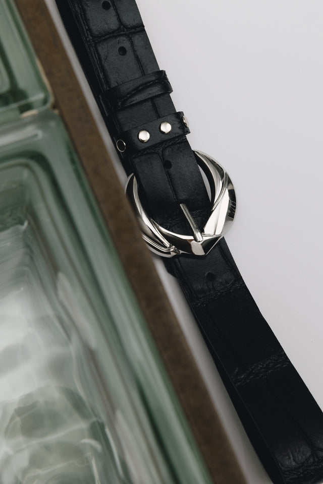 "WANDERING STAR" BLACK NICKEL LEATHER BELT