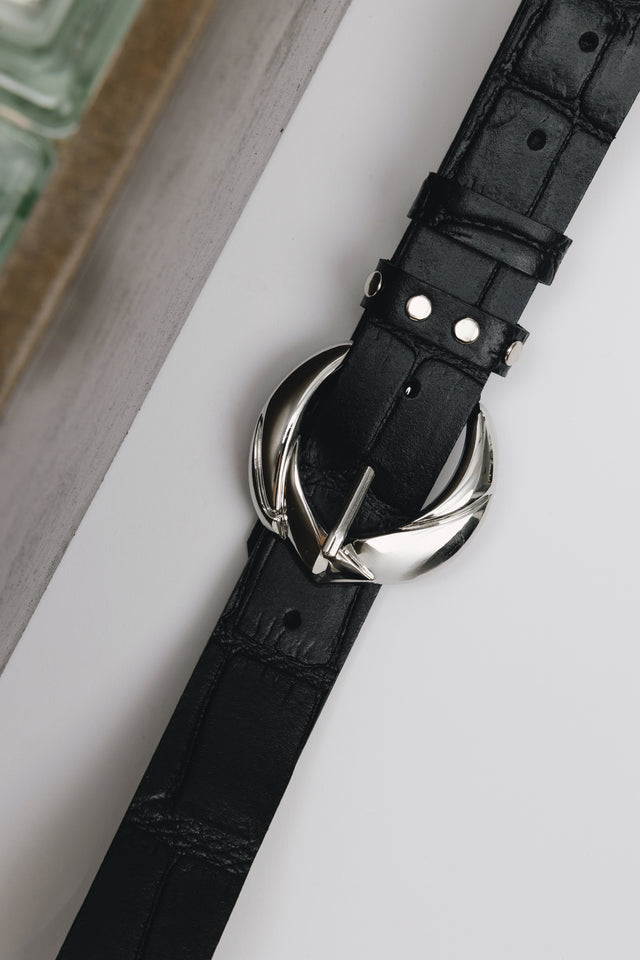 "WANDERING STAR" BLACK NICKEL LEATHER BELT