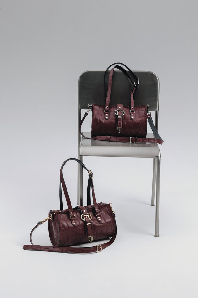 "ENDLESSLY" CHERRY GOLD BARREL BAG