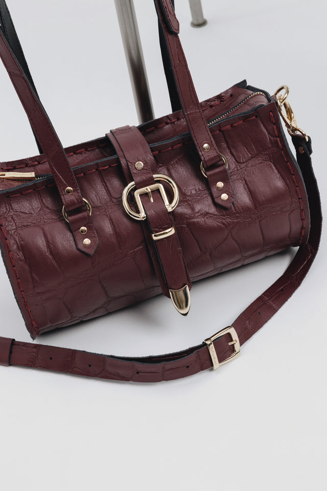 "ENDLESSLY" CHERRY GOLD BARREL BAG