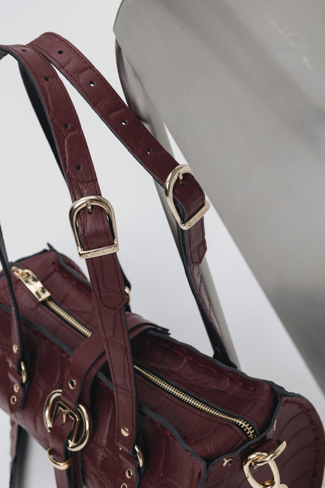 "ENDLESSLY" CHERRY GOLD BARREL BAG