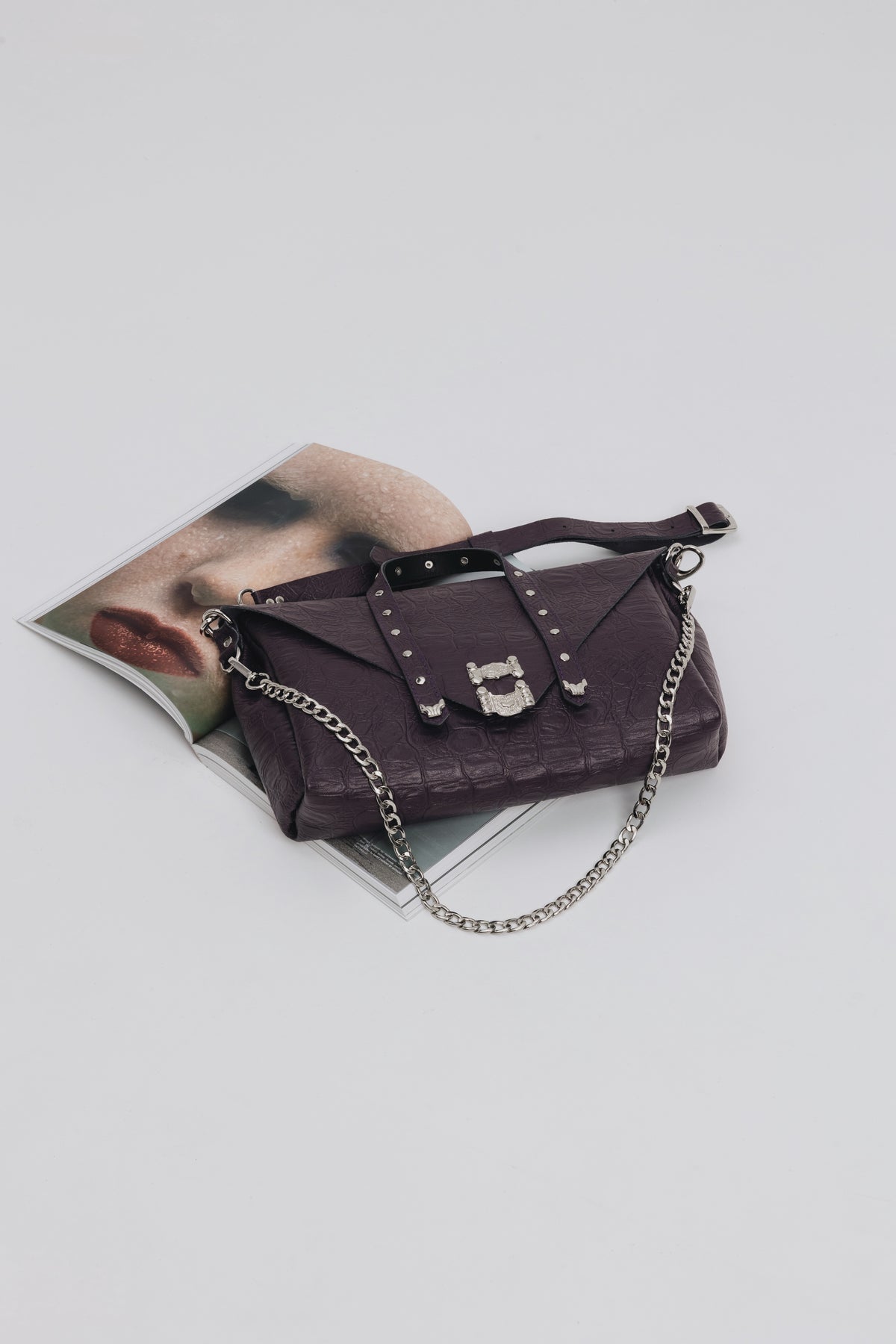 "SURRENDER" DARK PLUM NICKEL SHOULDER BAG