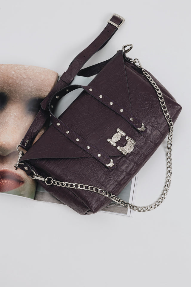 "SURRENDER" DARK PLUM NICKEL SHOULDER BAG