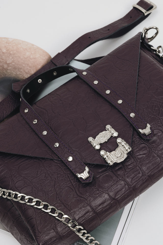 "SURRENDER" DARK PLUM NICKEL SHOULDER BAG