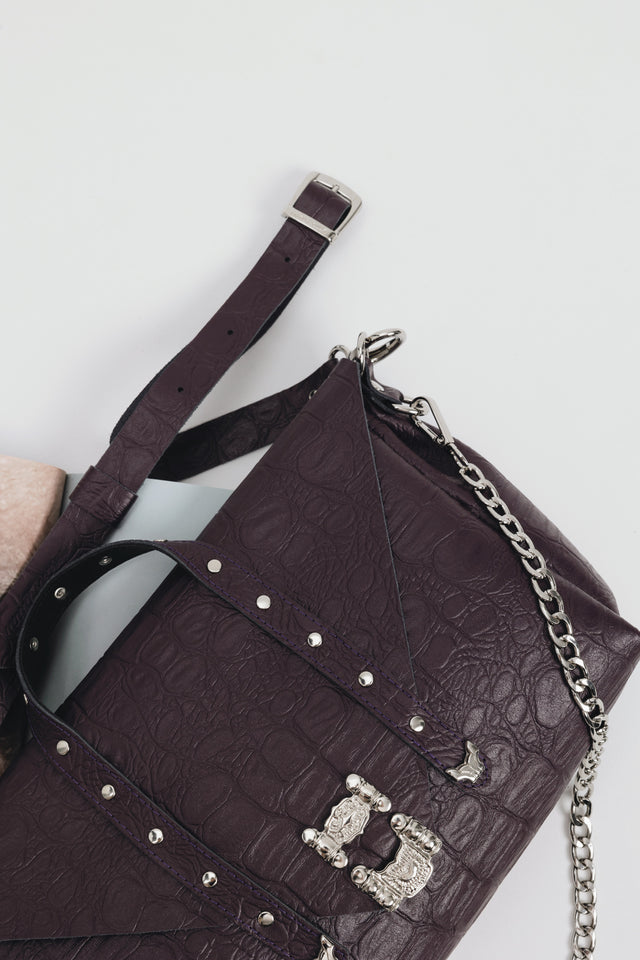 "SURRENDER" DARK PLUM NICKEL SHOULDER BAG